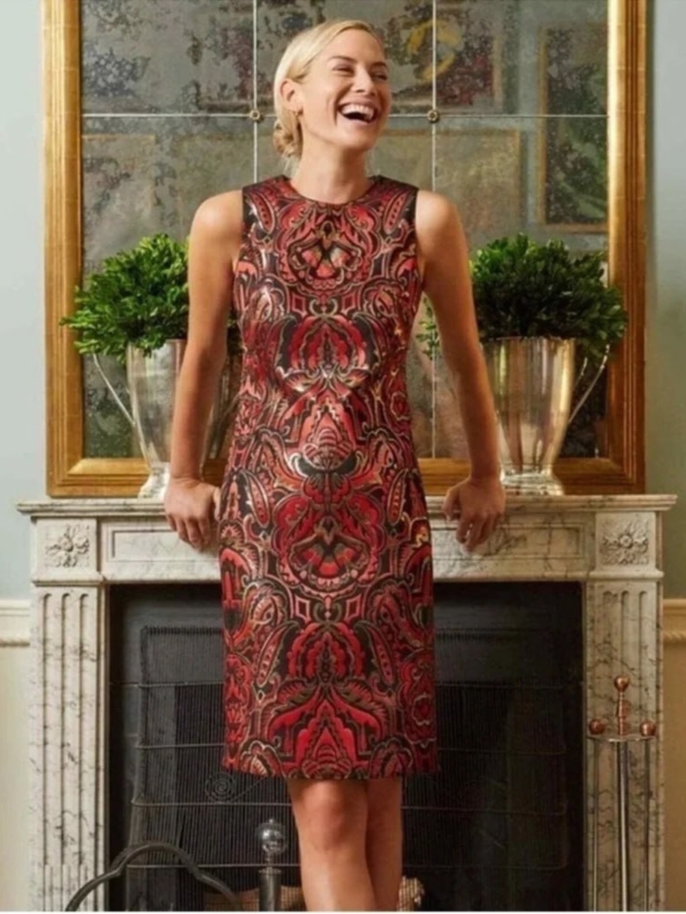 J. McLaughlin Belinda Dress Red Festive Metallic Sheath Westlake Paisley 10 NWT